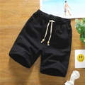 Men's loose black linen shorts with elastic drawstring waist and side pockets - M / Black
