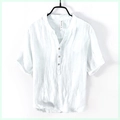 White linen short sleeve shirt for men with stand collar and buttoned placket - L / White