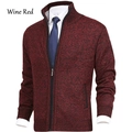 Detail of wine red men's stand collar cardigan sweater featuring a smooth metal zipper - L / Tops / Red