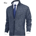 Close-up of blue men's knitted cardigan featuring high stand collar and metal zipper - Navy Blue