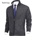 Detail of dark gray men's knit cardigan with full zipper and ribbed stand collar - Dark Gray