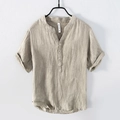 Summer men's relaxed fit linen t-shirt in beige featuring a buttoned V-neckline - L / Khaki