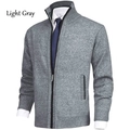 Macro detail of men's light gray thick knit cardigan with rib-knit cuffs and zipper texture - L / Tops / Light Gray