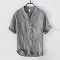 Men's short sleeve grey linen Henley shirt with button collar and vertical texture - L / Gray