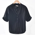 Men's retro black linen short sleeve shirt with stand collar and buttoned placket - L / Black