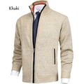 Men's khaki stand collar knit cardigan jacket with ribbed cuffs and fleece lining - L / Tops / Beige