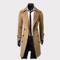 Men's double-breasted long wool pea coat in khaki with notch lapel and slim fit design - M / Tops / Camel