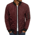 Detail view of burgundy quilted bomber jacket with black ribbed collar and sleeve zipper - S / Tops / Dark Red