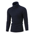 Detail view of navy blue turtleneck sweater with vertical ribbed texture and slim fit design - Navy Blue