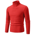 Detail of red ribbed turtleneck sweater showing fine vertical knit texture and slim fit - M / Tops / Red