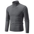 Classic grey cable-knit men's turtleneck sweater with ribbed cuffs and slim fit style - M / Dark Gray