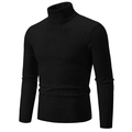 Men's black slim fit turtleneck sweater with classic cable knit pattern design - Black
