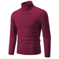 Men's slim fit turtleneck knit sweater in burgundy with classic cable knit pattern - Burgundy