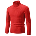 Men's red turtleneck cable knit sweater featuring a slim fit design and classic texture - Red