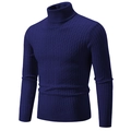Men's dark blue turtleneck sweater with classic cable-knit pattern and slim fit design - Navy Blue