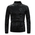 Close-up of black velvet fabric texture on a slim-fit men's turtleneck long sleeve top - Black