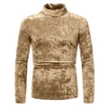 Slim fit men's turtleneck long sleeve t-shirt in shiny golden crushed velvet fabric - Gold