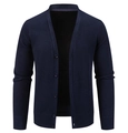 Detail view of navy blue V-neck cardigan featuring ribbed cuffs and five classic buttons - Navy Blue