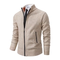 Men's casual beige knit cardigan with a stand collar and full zipper closure in high quality - M / Tops / Off White