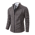 Men's casual brown knit cardigan jacket with stand collar and zipper closure - Coffee