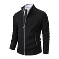 Detail of black knit cardigan featuring a stand collar and metal zipper closure - Black