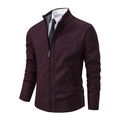 Detail of burgundy knitted cardigan featuring standing collar and metal zipper texture - Burgundy