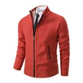 Detail of knit pattern and zipper on men's orange-red stand collar cardigan jacket - Orange Red