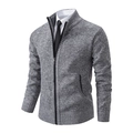 Detail view of grey knit cardigan with stand collar and fine textured ribbed cuffs - M / Tops / Light Gray