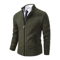 Men's dark green knit cardigan sweater with stand collar and waffle texture finish - Army Green