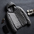 Schlanke graue Herren-Steppjacke mit Kapuze und horizontalen Steppnähten - M / Oberteile / Grau mit Kapuze
