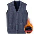 Men's navy blue fleece-lined knit vest featuring argyle pattern and V-neck cardigan design - Light Gray