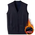 Slim fit navy blue V-neck knit vest for men with diamond pattern and warm fleece lining - Black