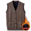 Coffee brown slim fit men's knit vest with diamond pattern and warm fleece lining - Khaki