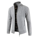 Men's light grey cable-knit cardigan with stand collar and brown plaid lining - M / Tops / Light Gray
