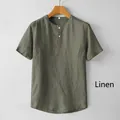 Detalle de camisa de lino verde oliva con cuello de dos botones y costuras diagonales - Verde Militar