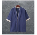Macro detail of men's linen Chinese tang suit with frog button and contrast piping - M / Tops / Navy Blue