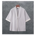Detailed view of linen texture on light grey Noragi jacket with beige piping details - M / Tops / Gray