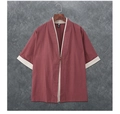 Detail view of brick red cotton linen Tang suit with white trim and frog button closure - M / Tops / Burgundy