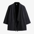 Men's black cotton linen Japanese style kimono cardigan with short sleeves and ties - M / Tops / Black
