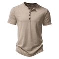Close-up of khaki slub cotton fabric and 3-button Henley collar on casual polo shirt - S / Tops / Khaki