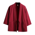 Deep red Japanese kimono cardigan with tie closure and seven-point sleeves for men - M / Tops / Red