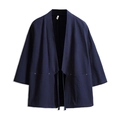 Men's navy blue cotton-linen kimono jacket with 3/4 sleeves and open front style - M / Tops / Navy Blue