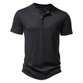 Men's dark grey slub cotton Henley shirt with a three-button neckline and slim fit design - S / Tops / Black