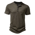 Men's olive green slub cotton Henley t-shirt with three buttons in slim fit style - S / Tops / Army Green