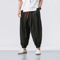 Men's black cotton linen harem pants with elastic waist and red contrast drawstring - S / Bottoms / Black