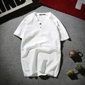 White linen men's short sleeve Henley shirt with wooden buttons in a casual Chinese style - White (2-Button)