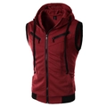 Men's slim fit hooded sleeveless vest in deep red with black zipper and drawstring - 3XL / Tops / Burgundy