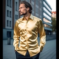 Camisa de satén para hombre en color dorado metálico con manga larga y corte ajustado - Amarillo