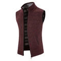 Detail of burgundy knit cardigan vest showing metal zipper, high collar and plaid lining - M / Tops / Burgundy