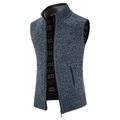 Detailed close-up of blue knitted men's vest with stand collar and plaid lining fleece - Blue Gray